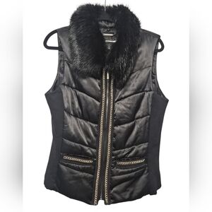 Stylish White|Black Puffer Vest With Fur Collar